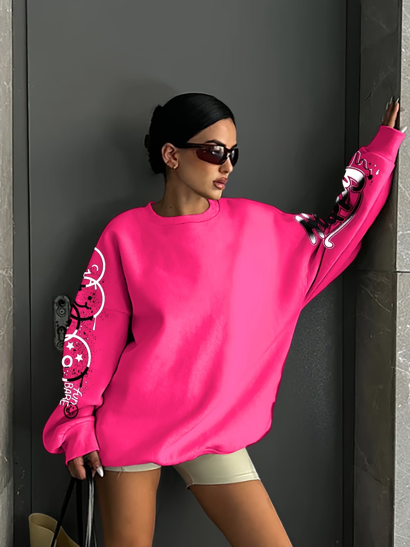 Women's Elegant Graffiti Letter Print Sweatshirt - Black with Pink & Blue Art, Round Neck, Medium Stretch, Machine Washable, Autumn Winter Casual Pullover, Ladies Sweatshirts, Everyday Comfort, Bold Graphic Design, Medium Str